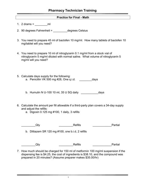 Pharmacy Technician Calculation Practice Problems