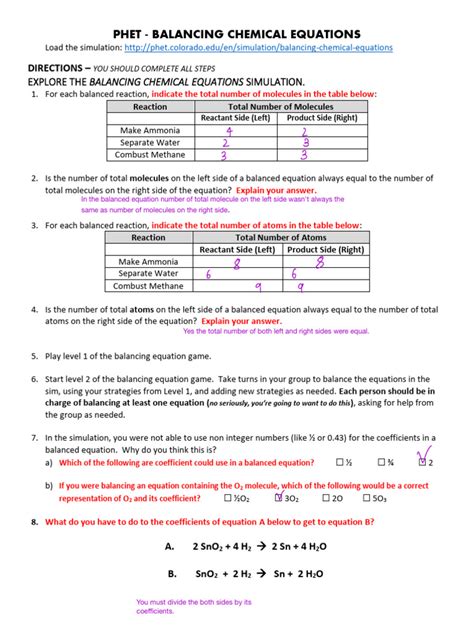 Phet Balancing Chemical Equations Simulation Answer Key