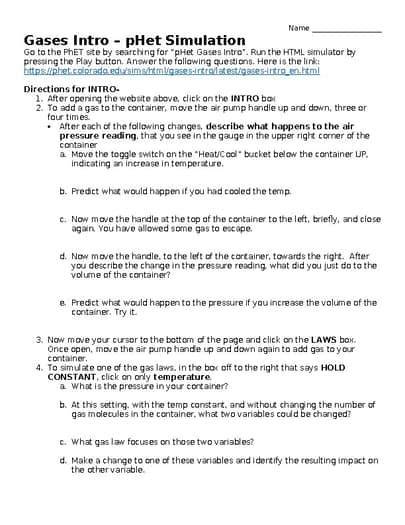 phet gas law simulations answer key