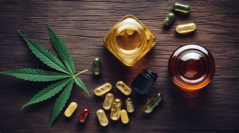 Produits à base de cannabis et pilules médicales sur une table.