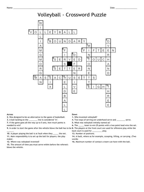 Physical Education 1 Crossword Volleyball Answer Key I Physical Education 15 Crossword Answer Key - Physical Education 15 Crossword Answer Key