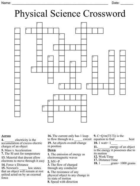 Physical Science Crossword Puzzle Printablecreative Com Printable Science Crossword Puzzles - Printable Science Crossword Puzzles