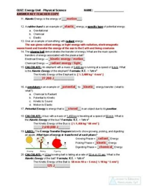 physical science energy answer key