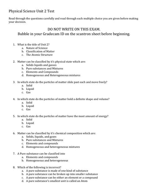 Physical Science Unit 2 Test Review Answers
