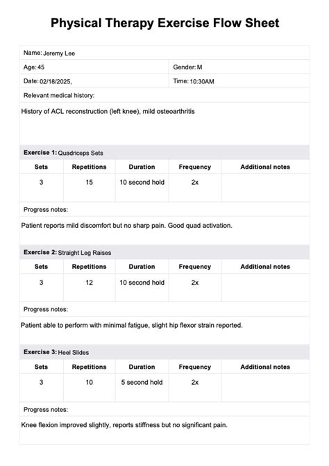 physical therapy exercise flow sheet template