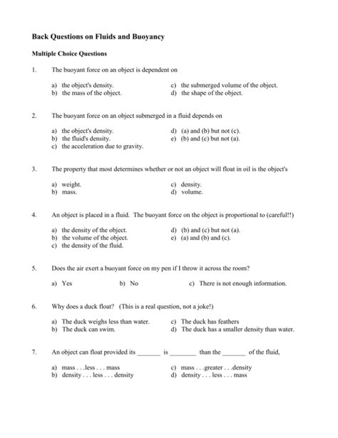 physics buoyancy questions multiple choice