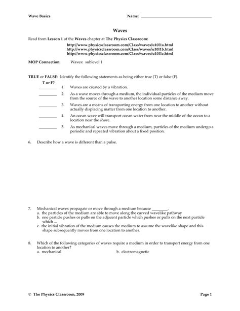 Physics Classroom Waves Sublevel 1 Answers
