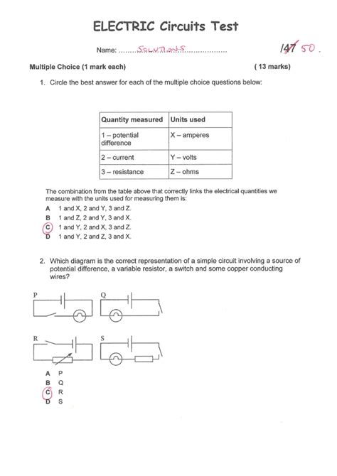 physics electric circuits test multiple choice