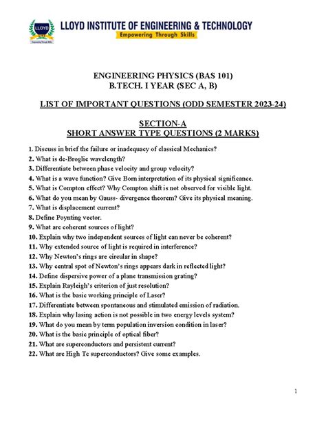 Physics Engineering First Year Mcq