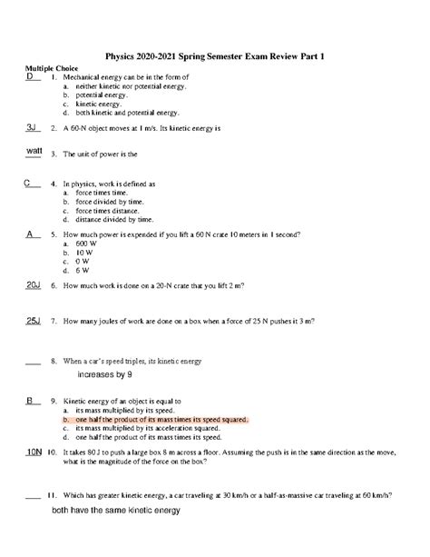 Physics Final Exam Answer Key