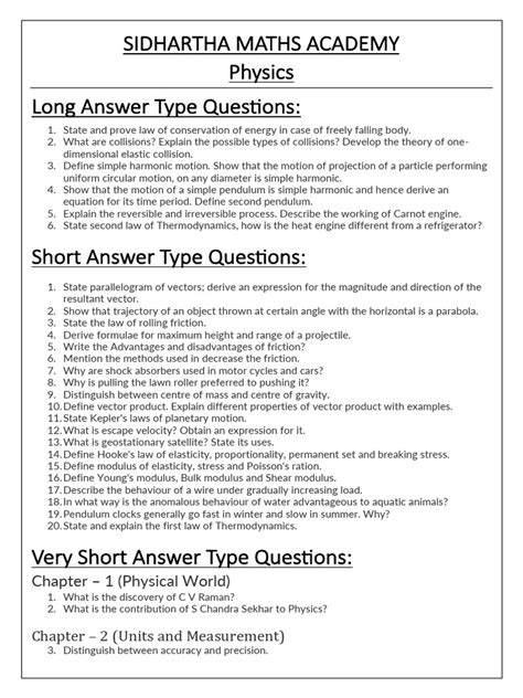 physics important questions of 1st year