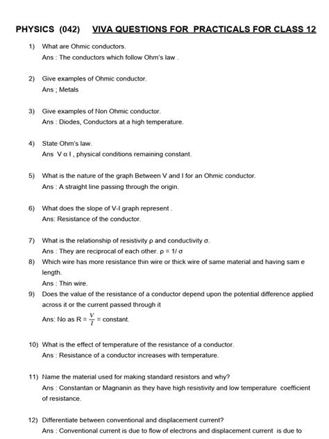 Physics Viva Questions Class 12