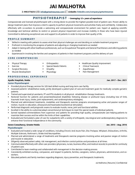 Physiotherapist Resume Sample