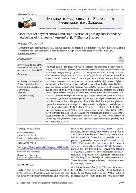 Download Phytochemical Evaluation And Quantification Of Primary 