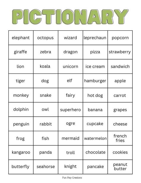 Pictionary Game Words
