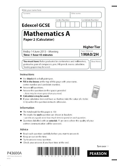 Read Pixl Maths Higher Tier June 2014 Paper 1 