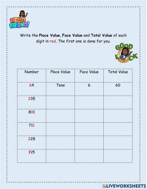place value and face value 1 worksheet place value and face value 1