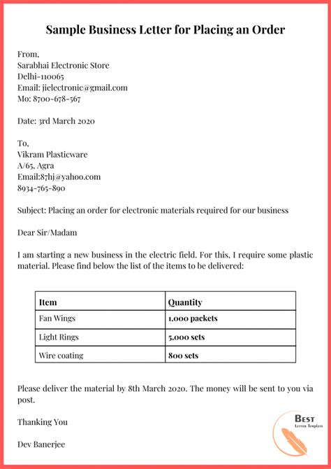 Placing Order Letter Sample