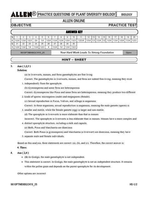 Plant Diversity Test B Answer Key