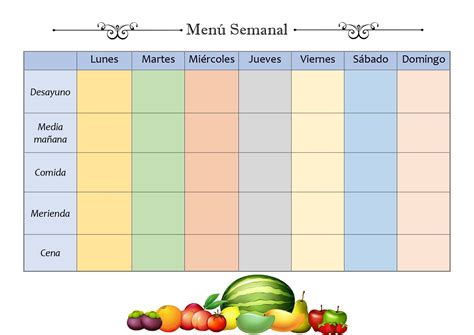 Plantilla semanal de menú descargable en PDF para una alimentación saludable