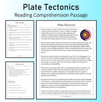 Plate Tectonics Reading Comprehension Passage Printable Worksheet Plate Tectonics Comprehension Questions Answer Key - Plate Tectonics Comprehension Questions Answer Key