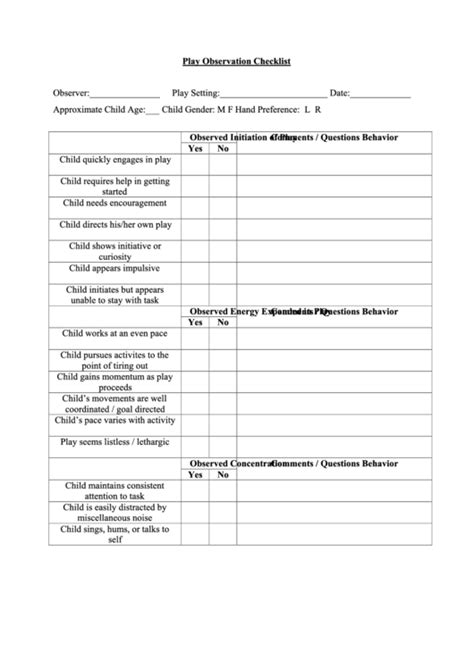 play child observation checklist