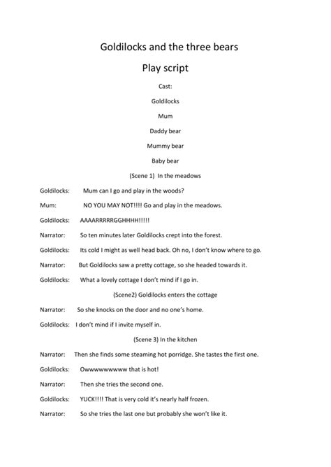 Play Scripts Goldilocks And The Three Bears
