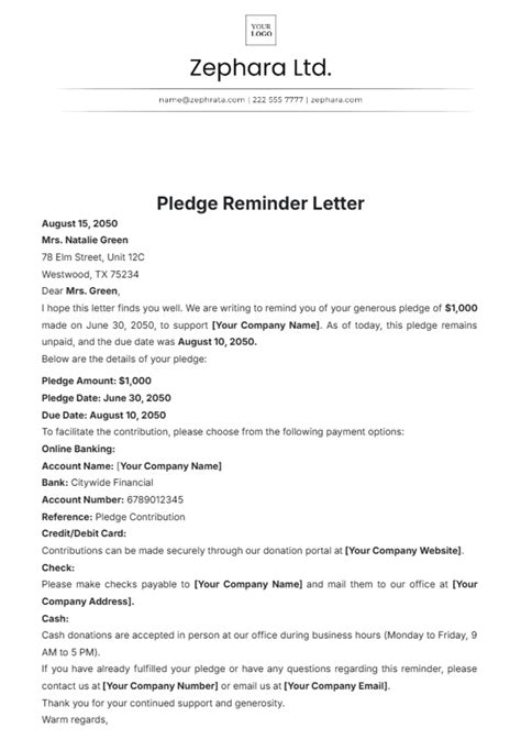 Pledge Payment Reminder Letter Sample