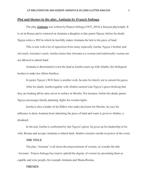 Plot Analysis Of Aminata By Francis Imbuga