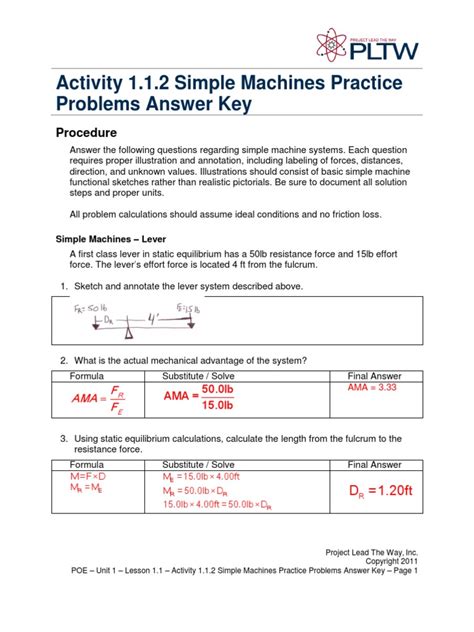 Pltw Simple Machines Practice Problems Answers
