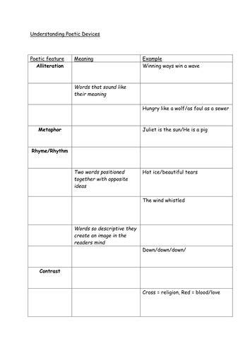 Poetic Devices Revision Table Worksheet Teaching Resources Poetic Device Worksheet - Poetic Device Worksheet