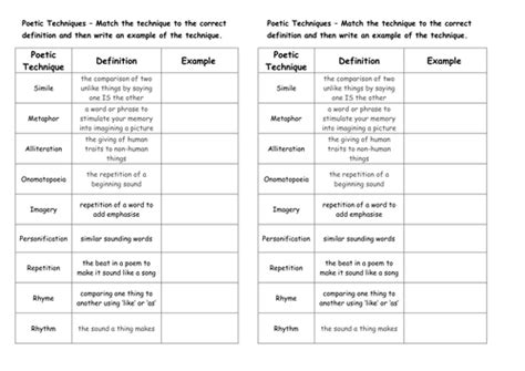 Poetic Techniques Mix And Match Teaching Resources Poetic Device Worksheet - Poetic Device Worksheet