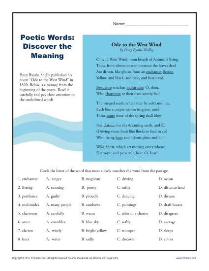 Poetic Words Discover The Meaning Context Clues Worksheets Poetic Terms Worksheet - Poetic Terms Worksheet