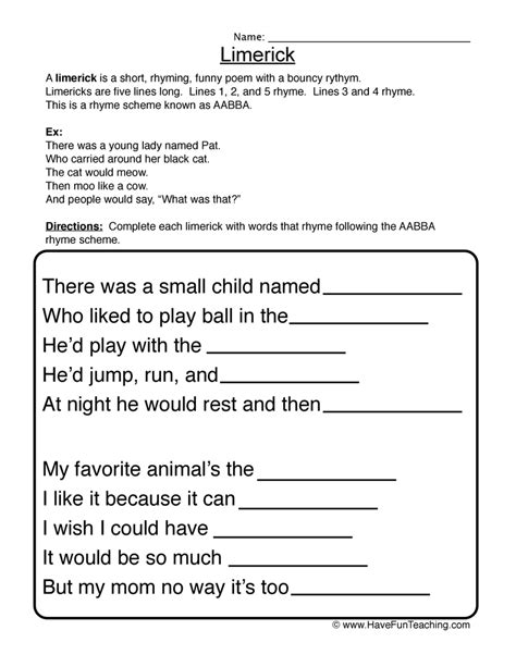 Poetry Activity Limerick Fill In The Blank Hannah Fill In The Blank Limericks - Fill In The Blank Limericks