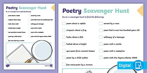 Poetry Scavenger Hunt Teacher Made Twinkl Poetry Scavenger Hunt Worksheet - Poetry Scavenger Hunt Worksheet