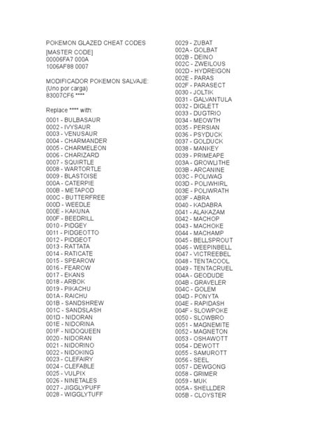 Pokemon Glazed Cheat Codes