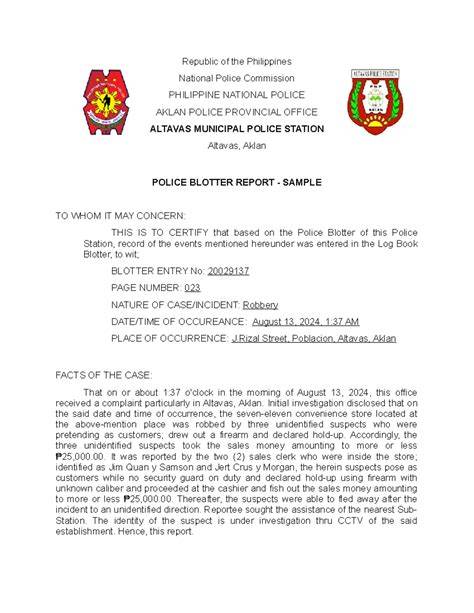 police blotter sample in the philippines