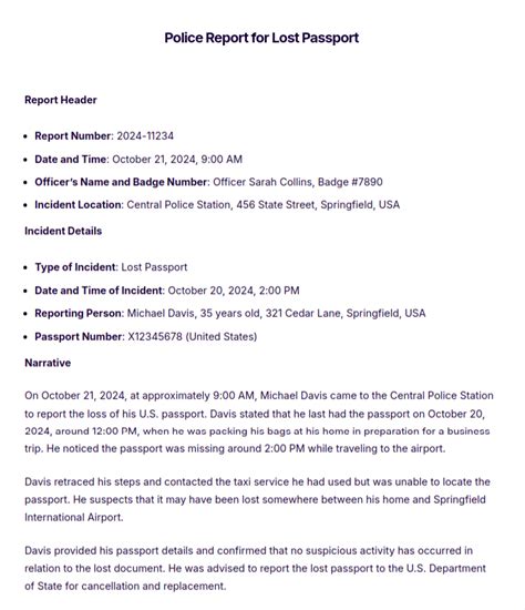 police report format for lost passport