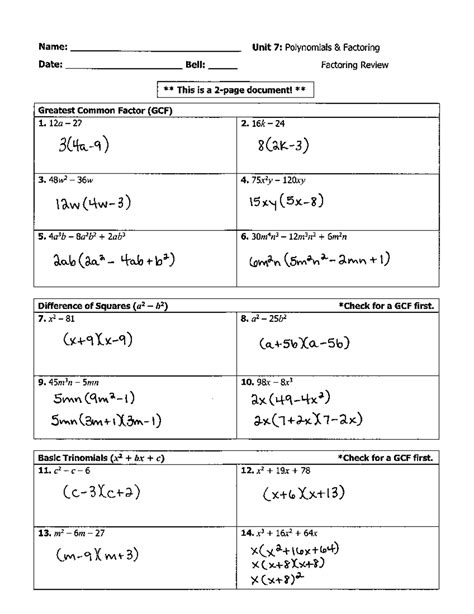 polynomials and factoring unit test answers