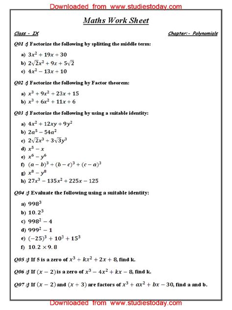 Polynomials Class 9 Worksheet