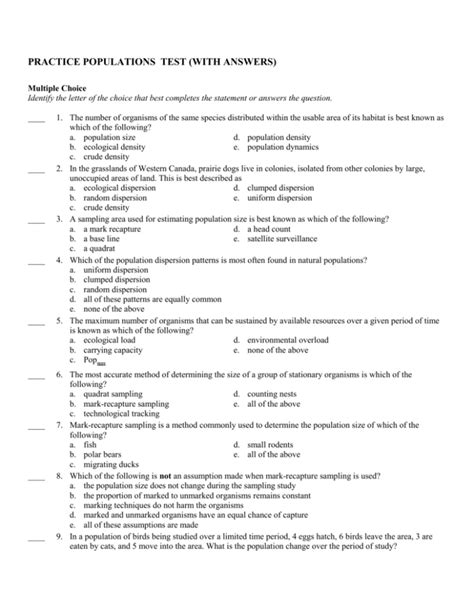population ecology multiple choice questions and answers