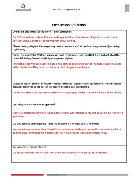 post lesson reflection template