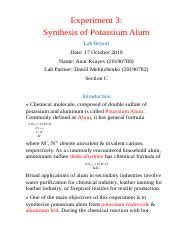 Download Potassium Alum Synthesis Lab Report Solution 