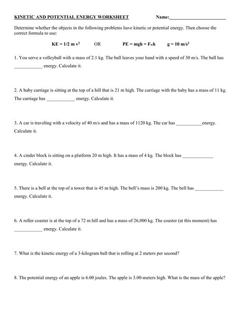 Potential And Kinetic Energy Calculation Worksheet Classful Potential And Kinetic Energy Worksheet Answers - Potential And Kinetic Energy Worksheet Answers