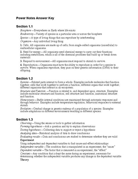 Power Notes Answer Key Biology Study Guide