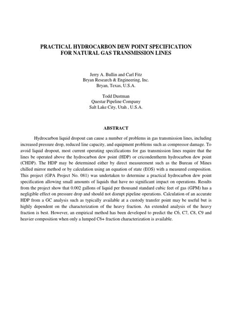 Practical Hydrocarbon Dew Point Specification For Natural