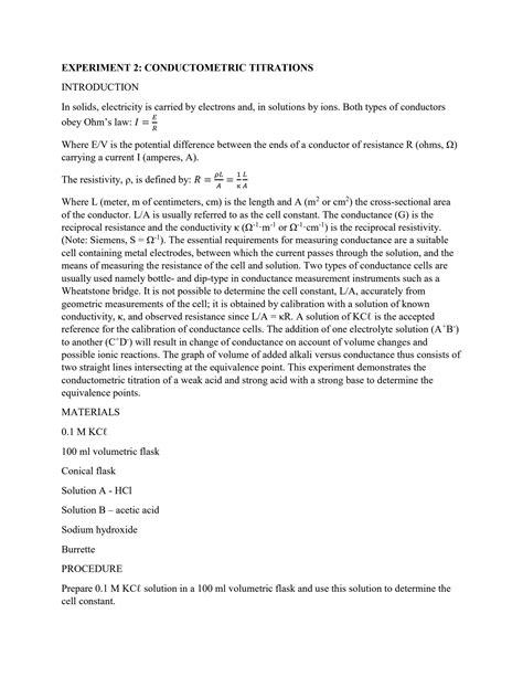 Practical Reports On Conductometric Titrations