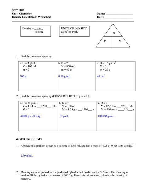 practice density answer sheet