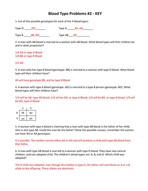 Practice Problems Genetics And Blood Types Blood Worksheet Answer Key - Blood Worksheet Answer Key