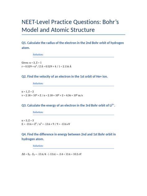 practice questions about the bohr model